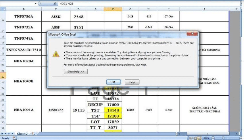 excel unable to connect printer